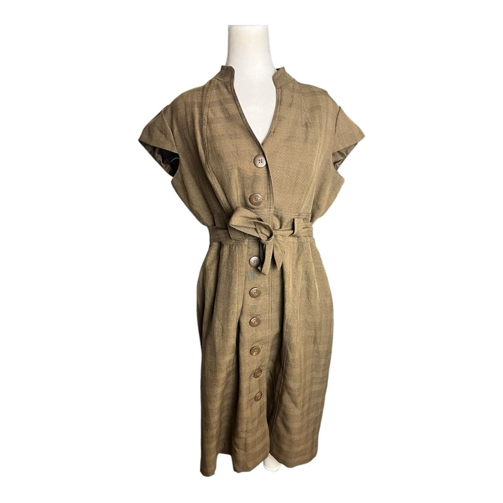 Studio I Brown Plaid Short Cap Sleeve Midi Dress Size 14